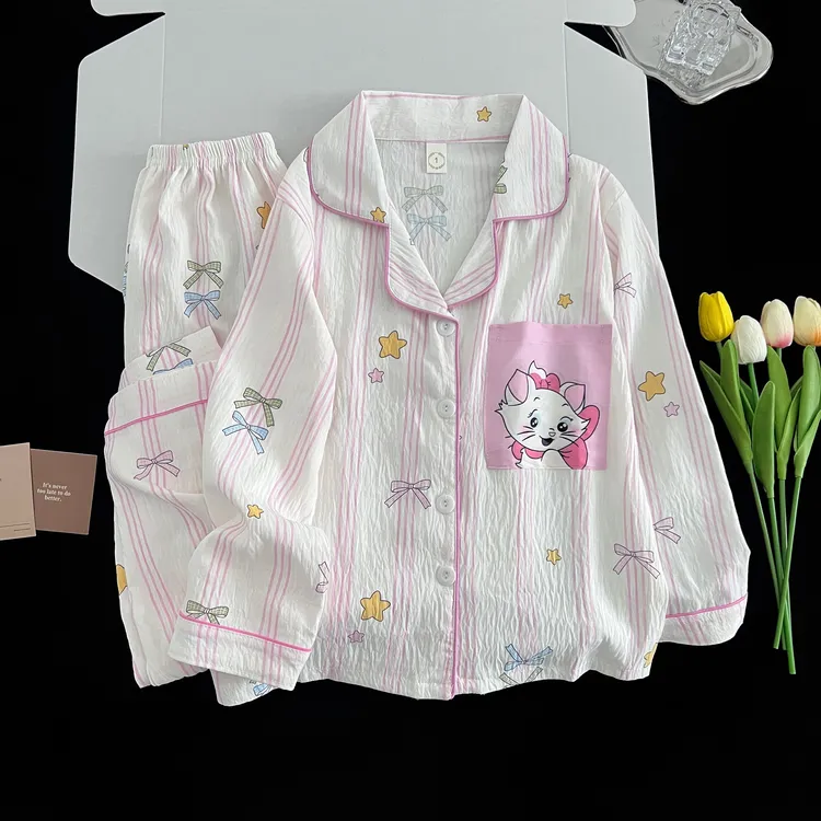 长袖女孩女童睡衣秋季新款简约可爱儿童家居服薄款小翻领款套装