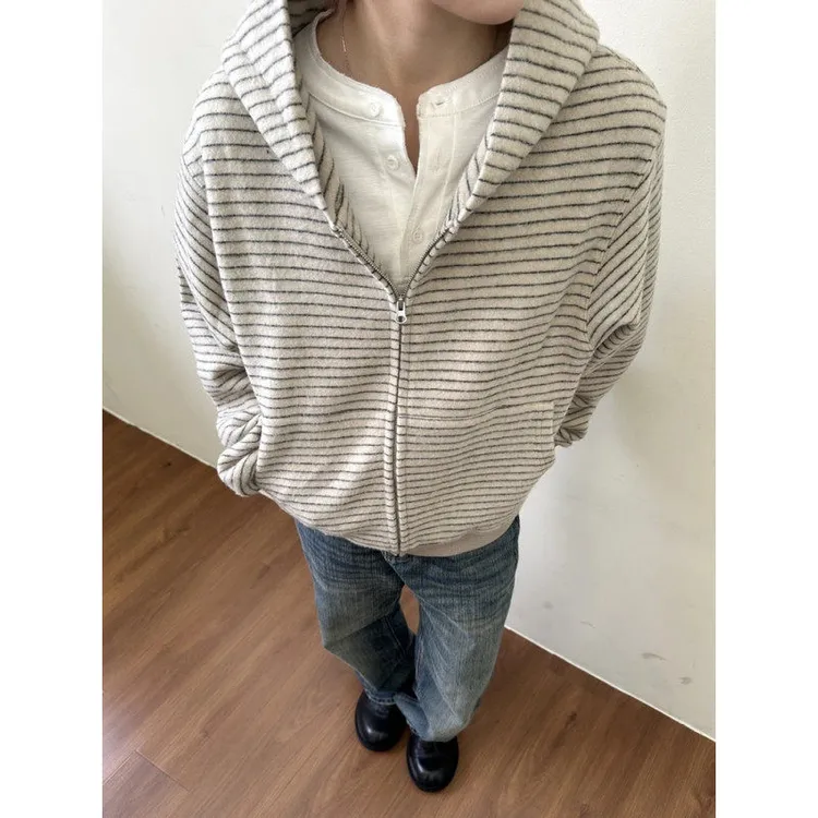 条纹连帽拉链外套男2025新款设计感宽松美式开衫卫衣春秋