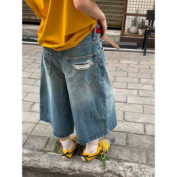 竹节纹蓝色破洞七分牛仔裤女夏季2025新款美式复古宽松阔腿中裤子