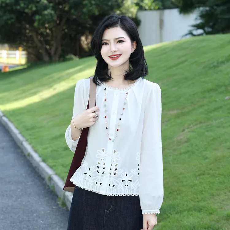 【定位刺绣】枫竺阿楠anan气质圆领纯棉衬衫女秋季通勤百搭外套衬衣