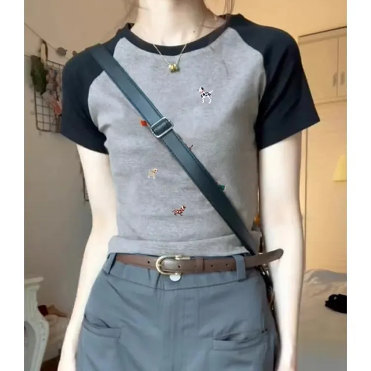 2025新款美式复古插肩短袖T恤女夏季设计感独特别致正肩短款上衣