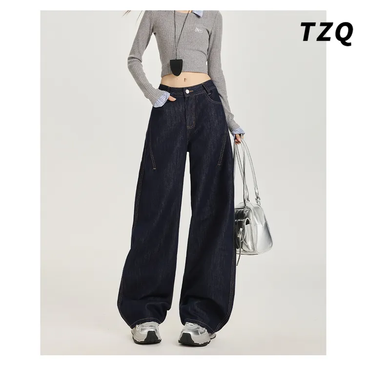 丹宁蓝弯刀牛仔裤女新款2025爆款秋季小个子高腰阔腿裤显瘦拖地裤