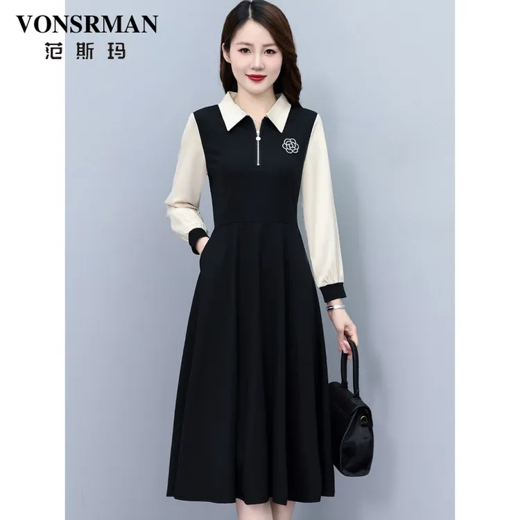 VONSRMAN黑白拼接连衣裙女2025新款秋季时尚洋气高级感气质中长裙