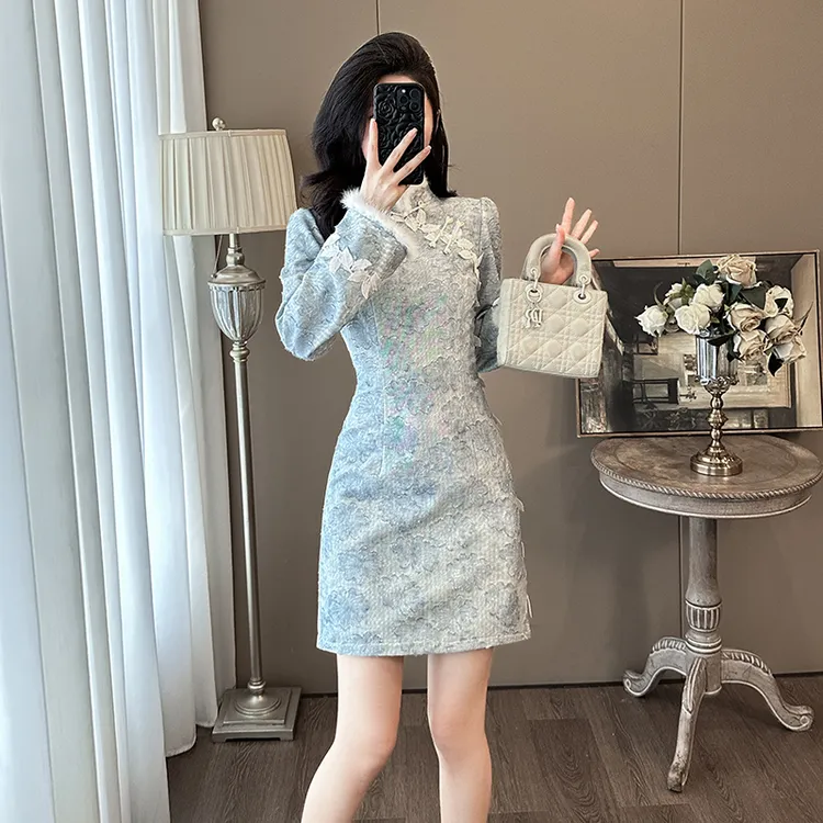 秋季名媛时尚复古修身改良毛领旗袍裙女气质盘扣新中式国风连衣裙