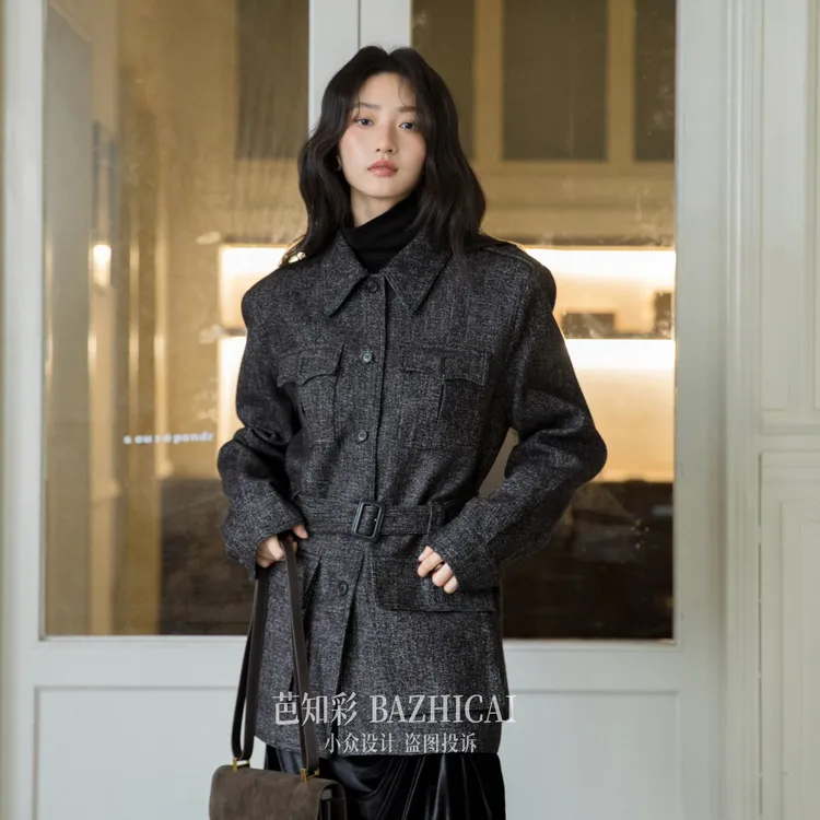 雪尼尔平纹粗花呢灰猎装夹克秋冬新款复古名媛休闲商务外套0577
