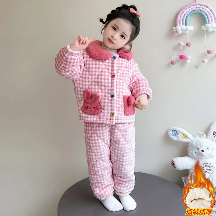 儿童睡衣三层夹棉加厚冬季2025新款女童珊瑚绒家居服加绒保暖套装