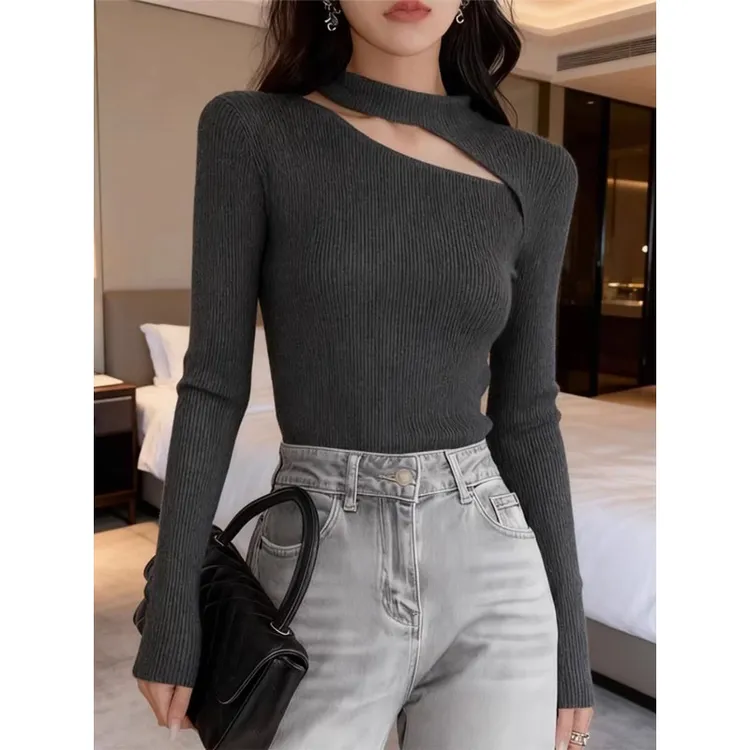 半高领挂脖毛衣女秋冬内搭中领打底衫高级感法式掐腰露肩针织上衣