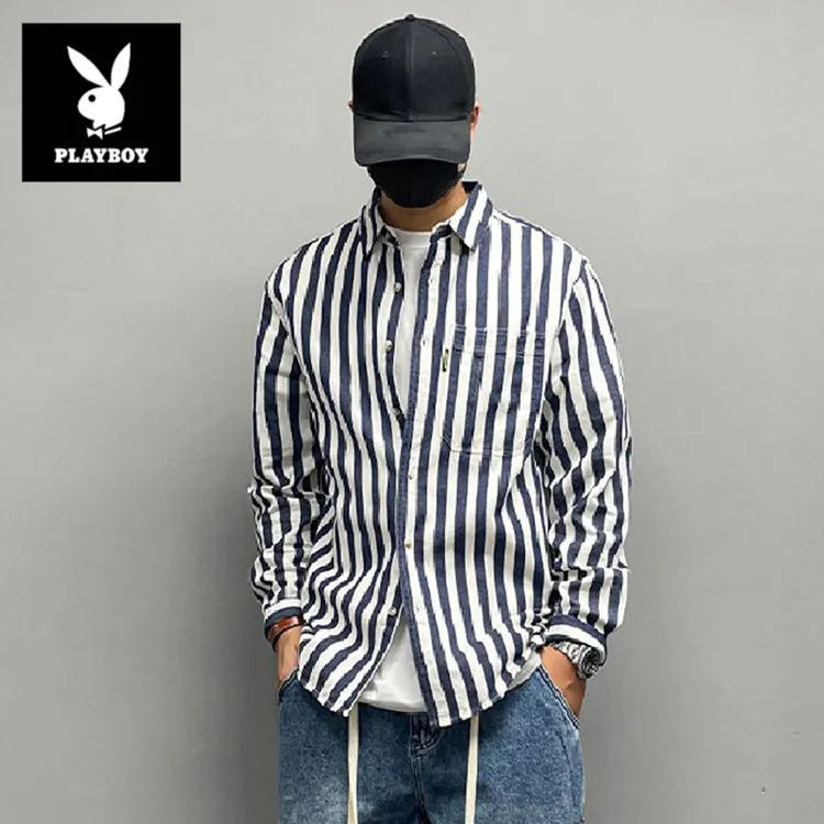 花花公子时尚潮男装宽条纹休闲衬衫美式复古宽松秋季新款长袖衬衣
