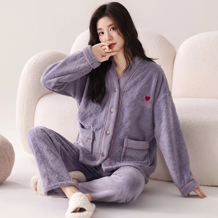 芬腾可安法兰绒睡衣女秋冬款大码加绒加厚珊瑚绒家居服可外穿保暖