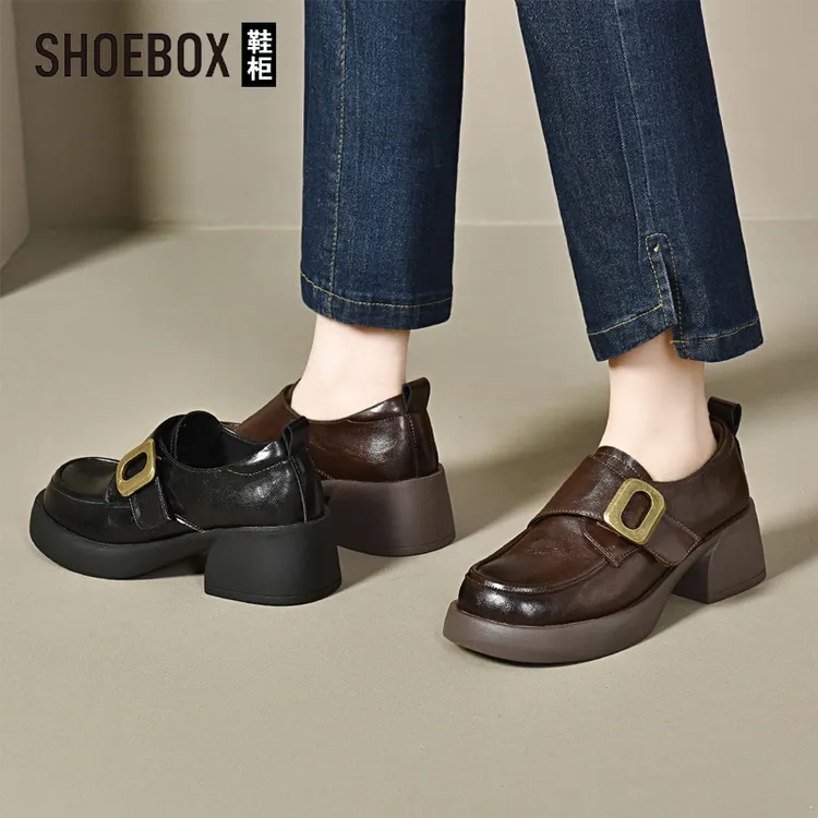 SHOEBOX鞋柜棕色厚底乐福鞋女2025秋季新款复古百搭小皮鞋单鞋