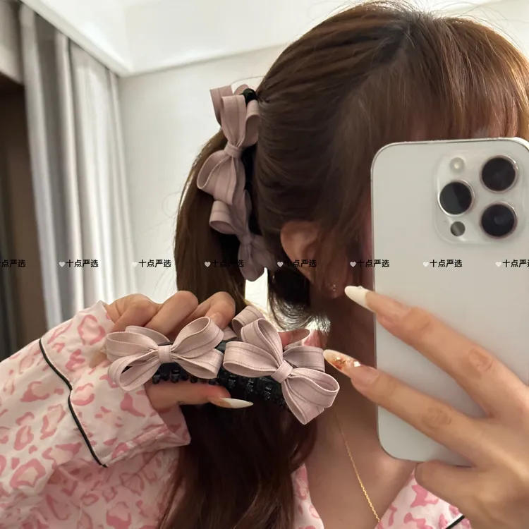 韩系甜美百搭少女粉色立体双蝴蝶结香蕉夹女2025新款高马尾发夹