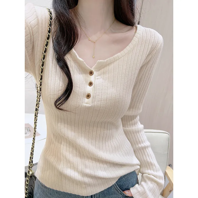 纽扣半开领杏色长袖针织衫女秋2025年新款内搭打底毛衣T恤上衣