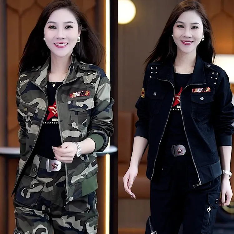 秋装新款短款迷彩服工装外套女修身大码小个子休闲工作服夹克外套