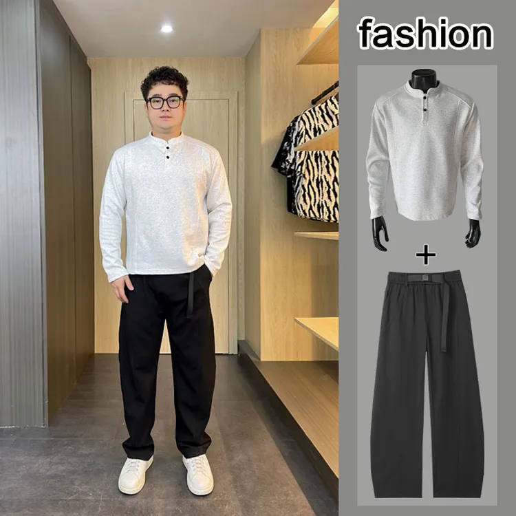 秋季男士卫衣韩版休闲春秋亨利领打底衫纯色长袖胖人大码衣服潮