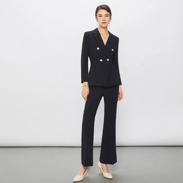 2025秋冬新款藏青色西服外套女气质修身微辣裤工装白领职业装