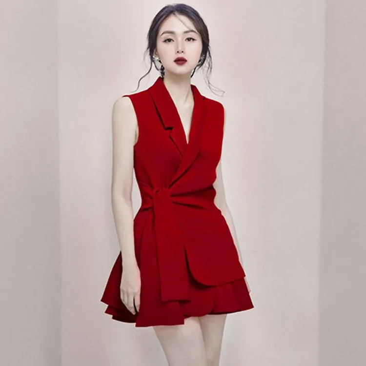 2025夏季红色连衣裙春法式气质西装套装女时尚套装裙两件套收腰