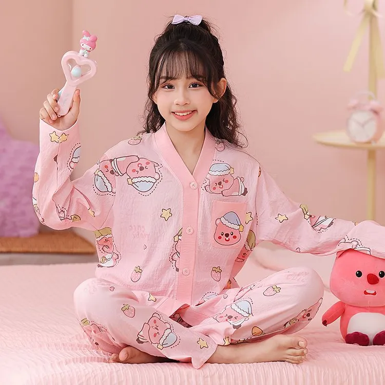 儿童睡衣女童春秋家居服夏季长袖薄款中大童宝宝女孩卡通印花套装