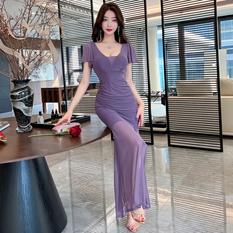 夜总会足疗足浴气质工作服柔式技师spa长裙性感网纱开叉连衣裙女