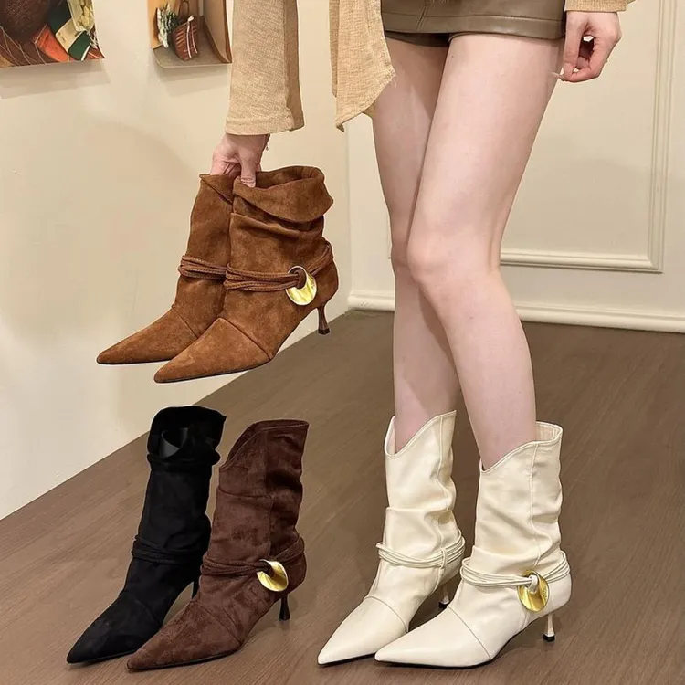 2025新款绝美腿精！绒面尖头金属扣堆堆靴女秋韩版两穿细跟短靴