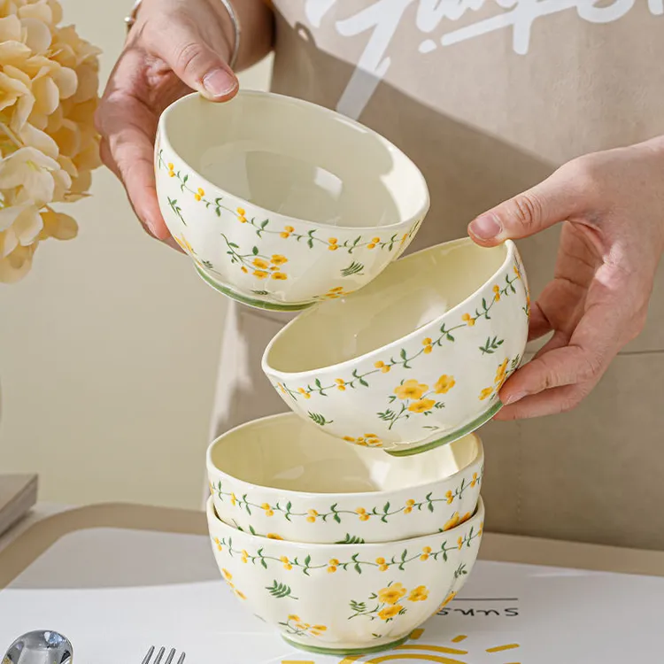 法式田园风陶瓷米饭碗家用新款高颜值吃饭碗餐具小碗釉下彩米饭碗