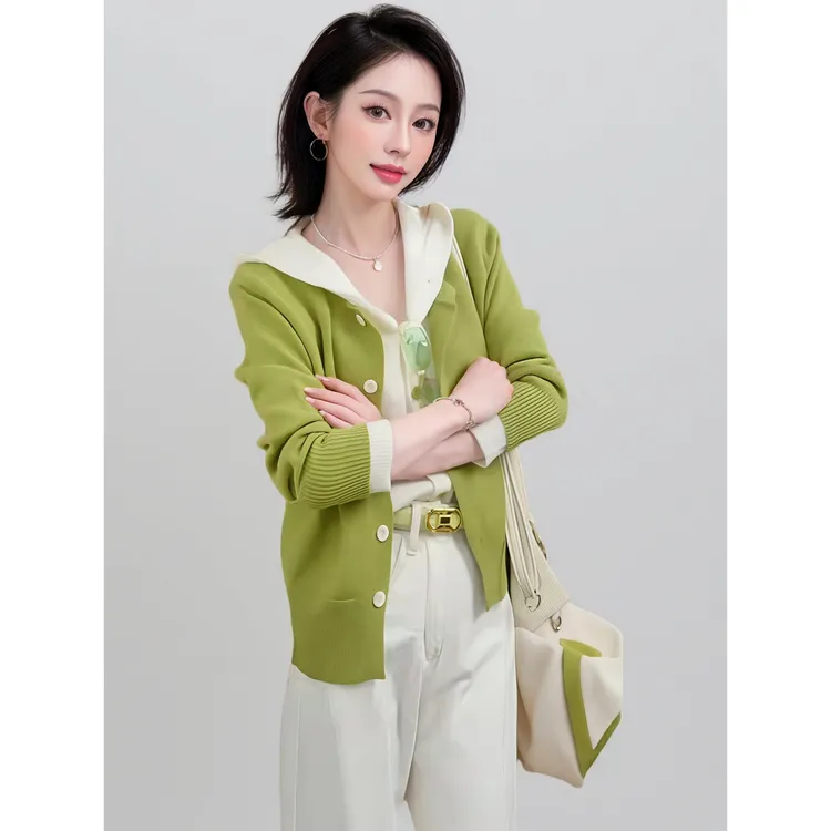 绿色时尚连帽假两件长袖针织开衫外套女早秋新款好看巨显瘦上衣