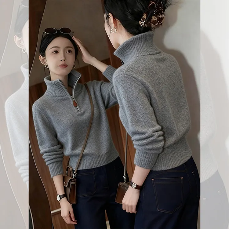 极简风灰色半拉链高领短款毛衣女秋冬2025新款小众不撞款针织上衣