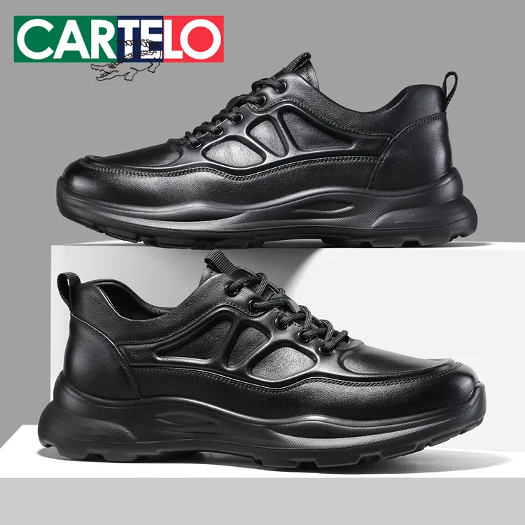 卡帝乐鳄鱼真皮男鞋休闲百搭牛皮皮鞋男士黑色防水软底防滑旅游鞋