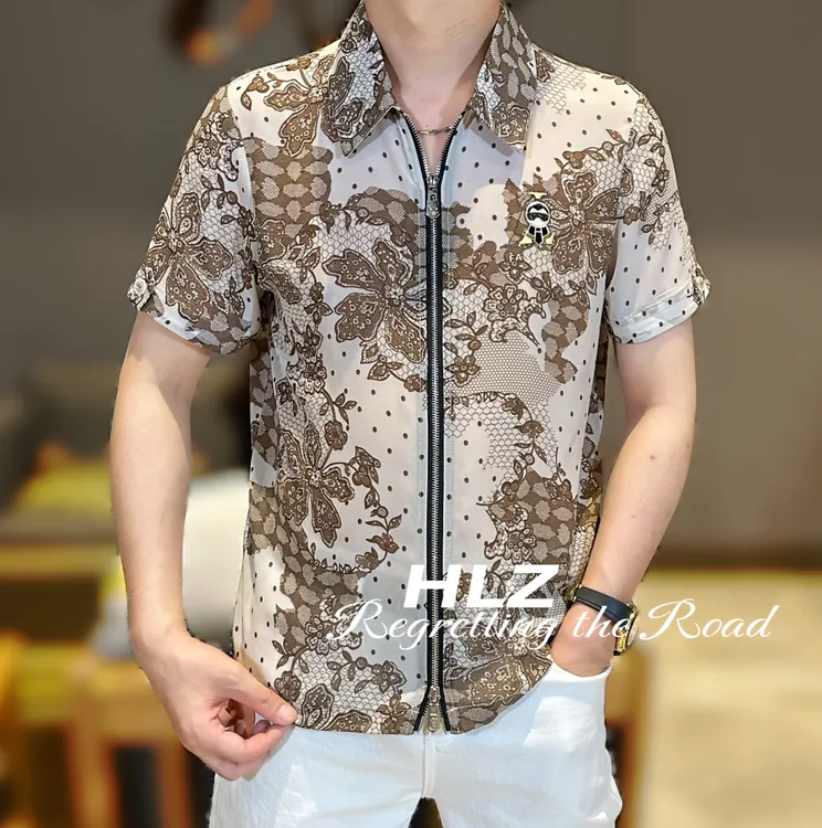 2025夏季新款男士休闲时尚百搭花朵提花双拉链薄款翻领短袖衬衫3d