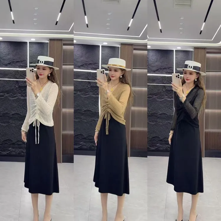 精品0973 气质优雅简约纯色吊带 加 针织长袖外搭 两件套