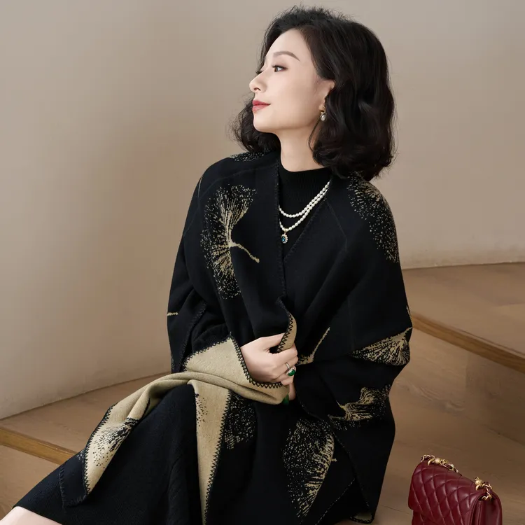 西子/【银杏披肩】双面穿银杏叶提花百搭优雅百搭披肩/PJBH2385