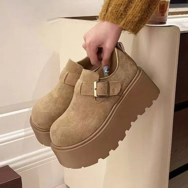 一脚蹬绒面低帮鞋橡胶深口单鞋松糕底圆头高跟(5-8cm)PU