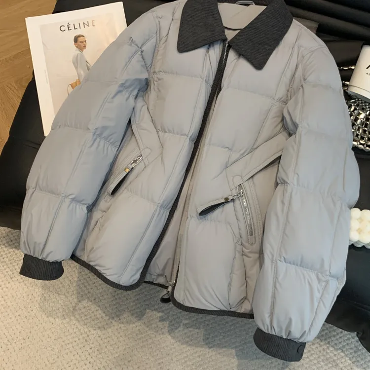 韩系气质拼接撞色翻领棉服女装2025冬装短款宽松加厚保暖外套潮流