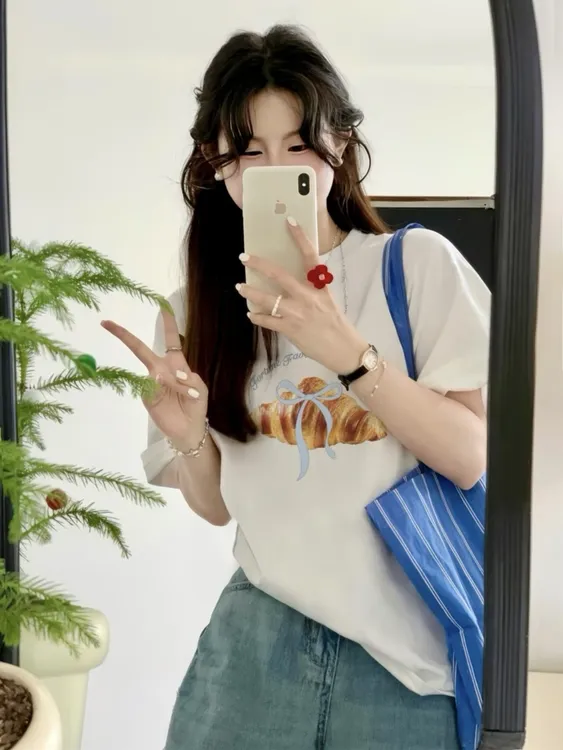 韩系甜美纯棉短袖女可颂面包蝴蝶结t恤夏季新款宽松百搭平价上衣