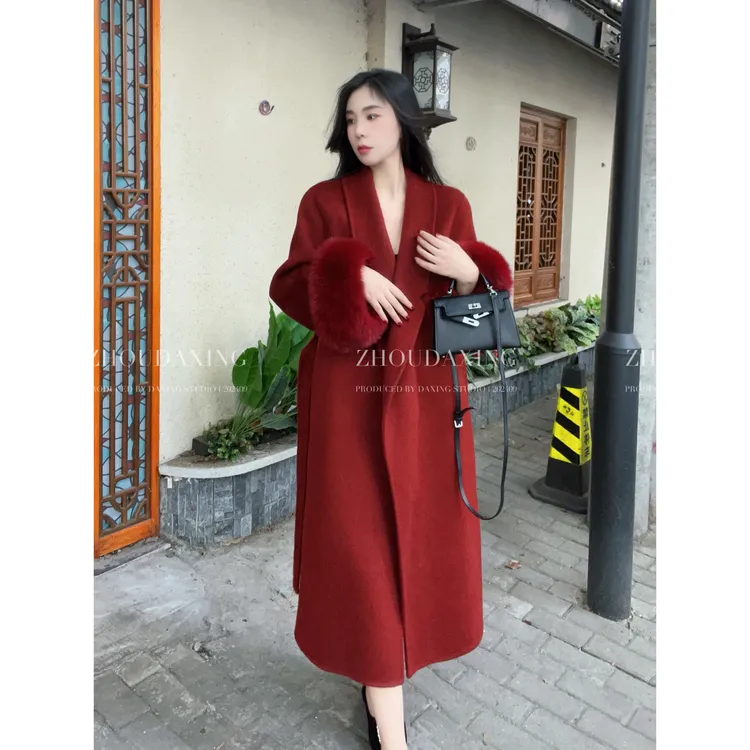 【周大星穿搭】【凛冬玫瑰】战袍全羊毛毛绒袖气质秋冬大衣2-8167