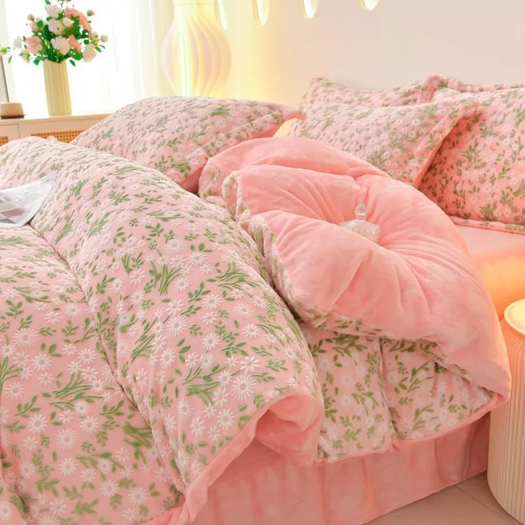 新疆西藏冬季加厚牛奶绒四件套双面珊瑚法兰绒被套床单四件套6雕