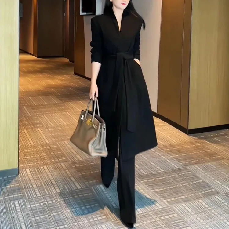 大码秋季气质风衣外套女中长款百搭显瘦时尚韩版收腰系带黑色大衣