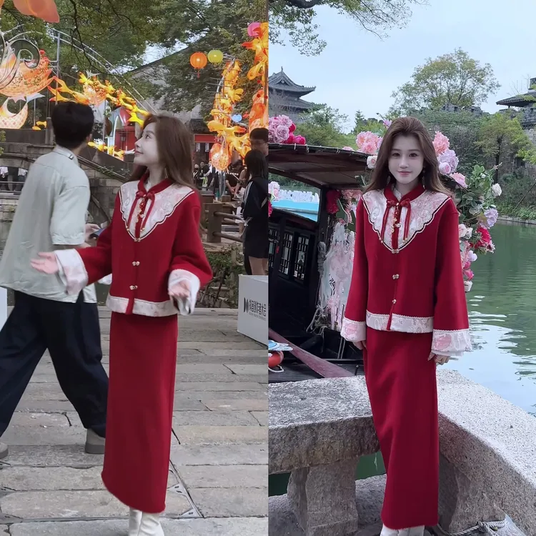 【婷婷】《红炉雪》国风红韵双面呢套装 TT2SQTH2396