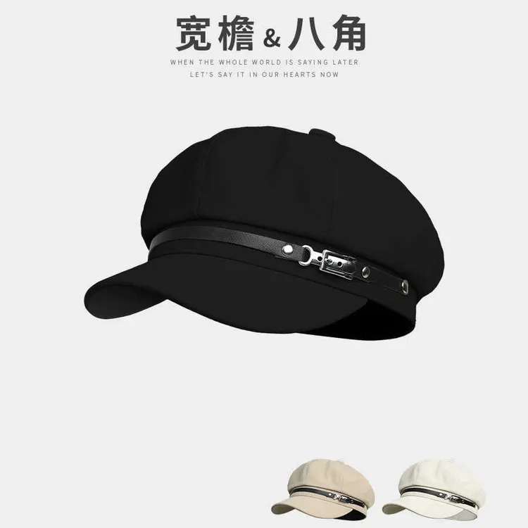 英伦风皮带扣贝雷帽春秋百搭帽子女韩系休闲海军帽显脸小画家帽新