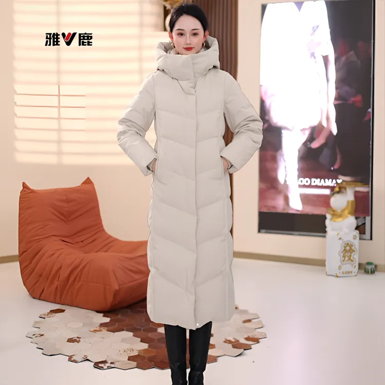 新款连帽加厚修身显瘦中长款白鸭绒羽绒服外套潮白鸭绒户外收腰