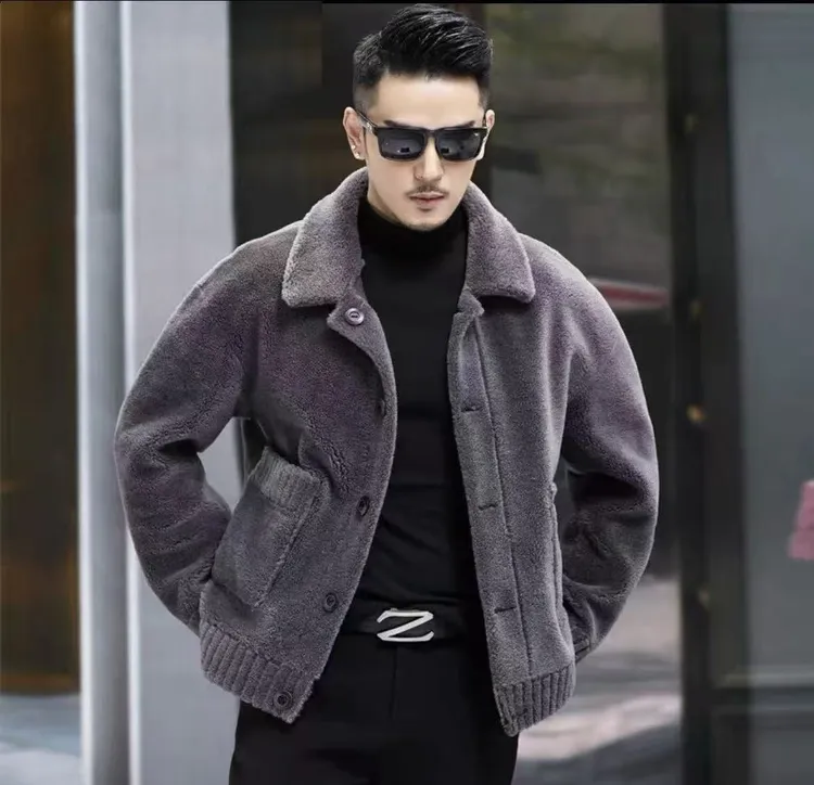 男士翻领双面穿颗粒羊毛落肩宽松休闲百搭秋冬夹克外套