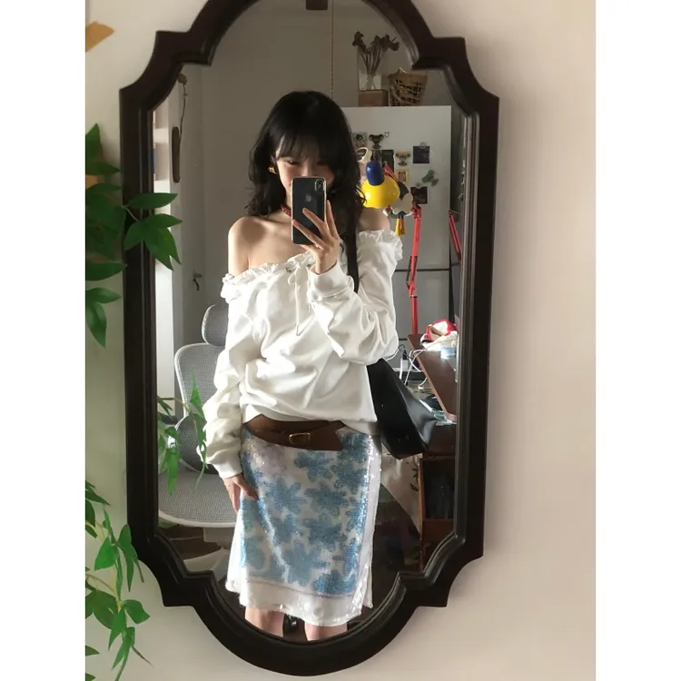 韩系辣妹一字肩抽绳白色长袖卫衣女秋冬宽松显瘦蕾丝绣花半身裙女