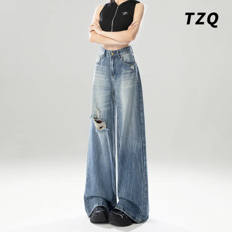 美式复古破洞阔腿牛仔裤女2025秋季新款宽松显瘦拖地裤TZQ2521019