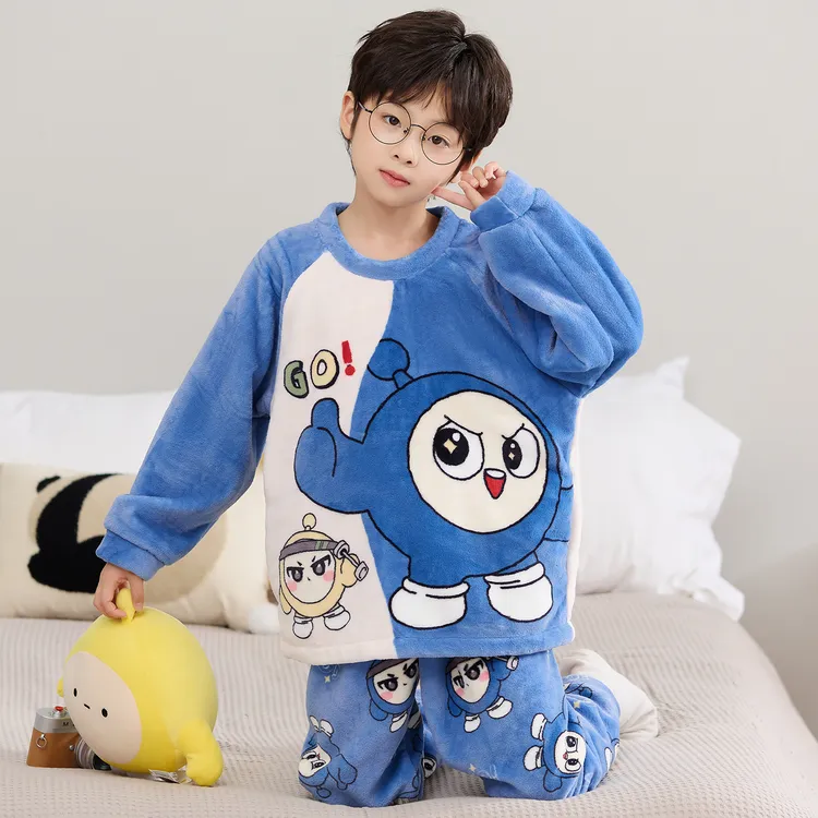 男童毛绒睡衣保暖冬季家居套装居家法兰绒卡通蛋仔中大童女孩儿童
