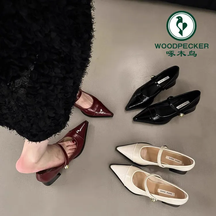 啄木鸟韩版粗跟尖头单鞋女鞋子2025年春新款复古一字扣带玛丽珍鞋