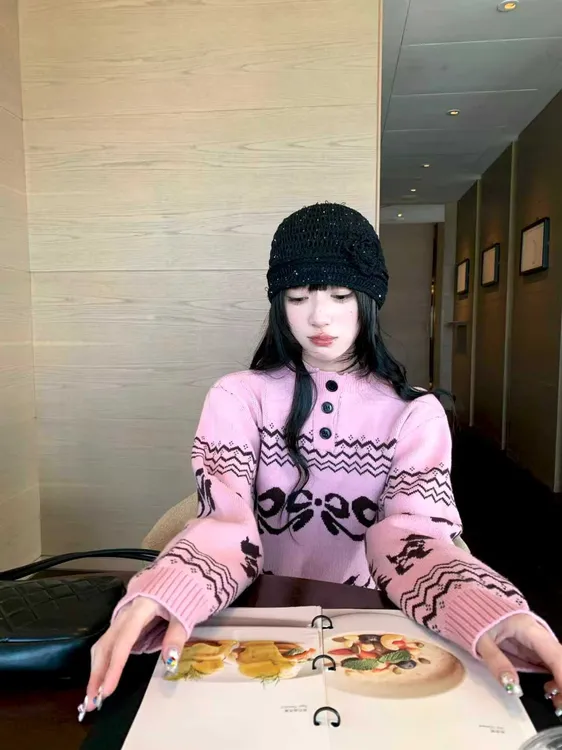 桃子崽崽  复古甜美费尔岛提花慵懒感蝴蝶结亨利领针织毛衣