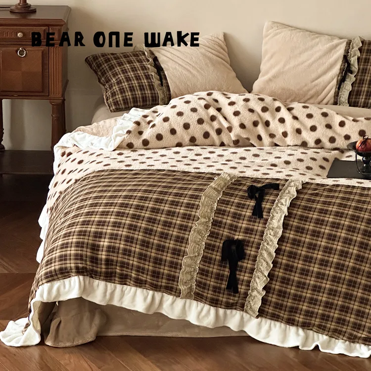 法式公主风牛奶绒四件套花边被套床单秋冬季加绒加厚床上用品被罩