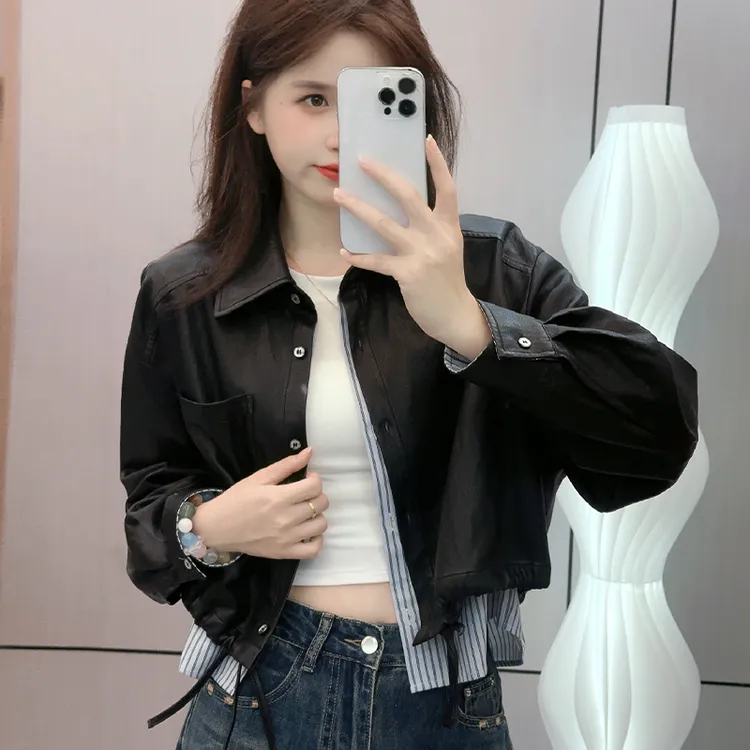 2025年秋冬新款时尚百搭皮衣女设计感小众假两件拼接纯色抽绳上衣
