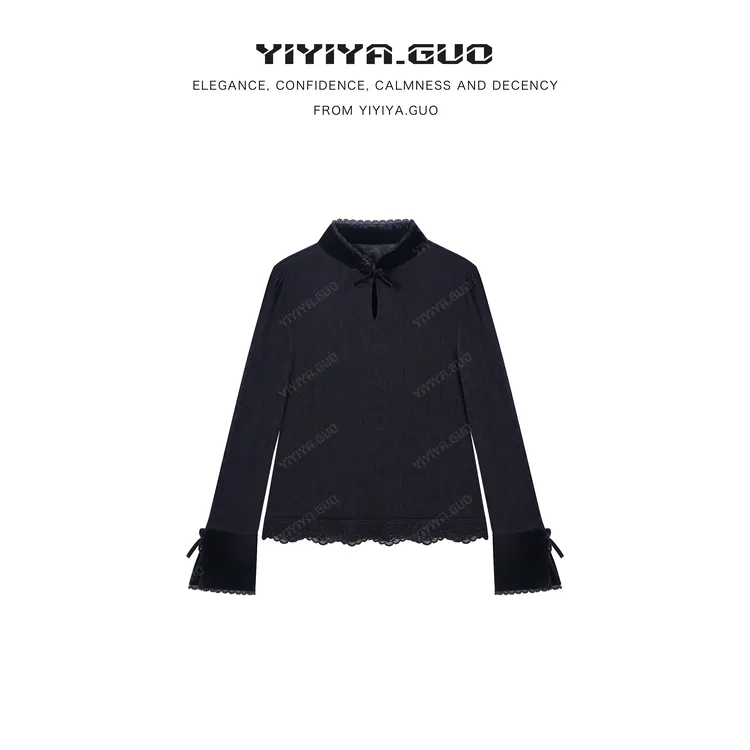 yiyiya.Guo艺艺吖新款立领拼接蝴蝶结正肩蕾丝长袖上衣080279SS52