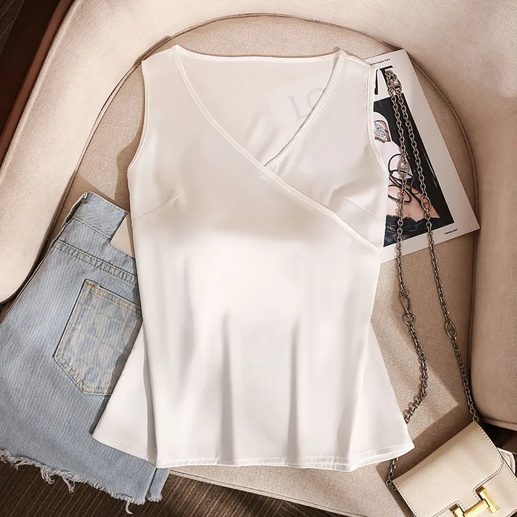 2025夏季新醋酸吊带背心女内搭v领打底仿真丝配西装缎面无袖上衣