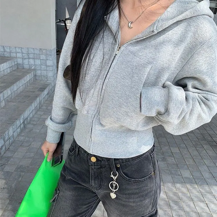 美式复古灰色连帽卫衣外套春秋季加绒加厚小个子短款收腰开衫上衣